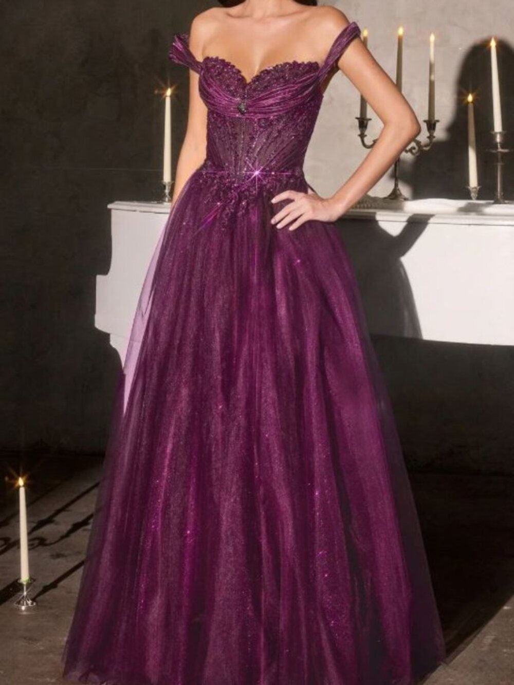 NWT Ladivine CC493 Beaded Off-Shoulder Prom Dress Eggplant Size 8